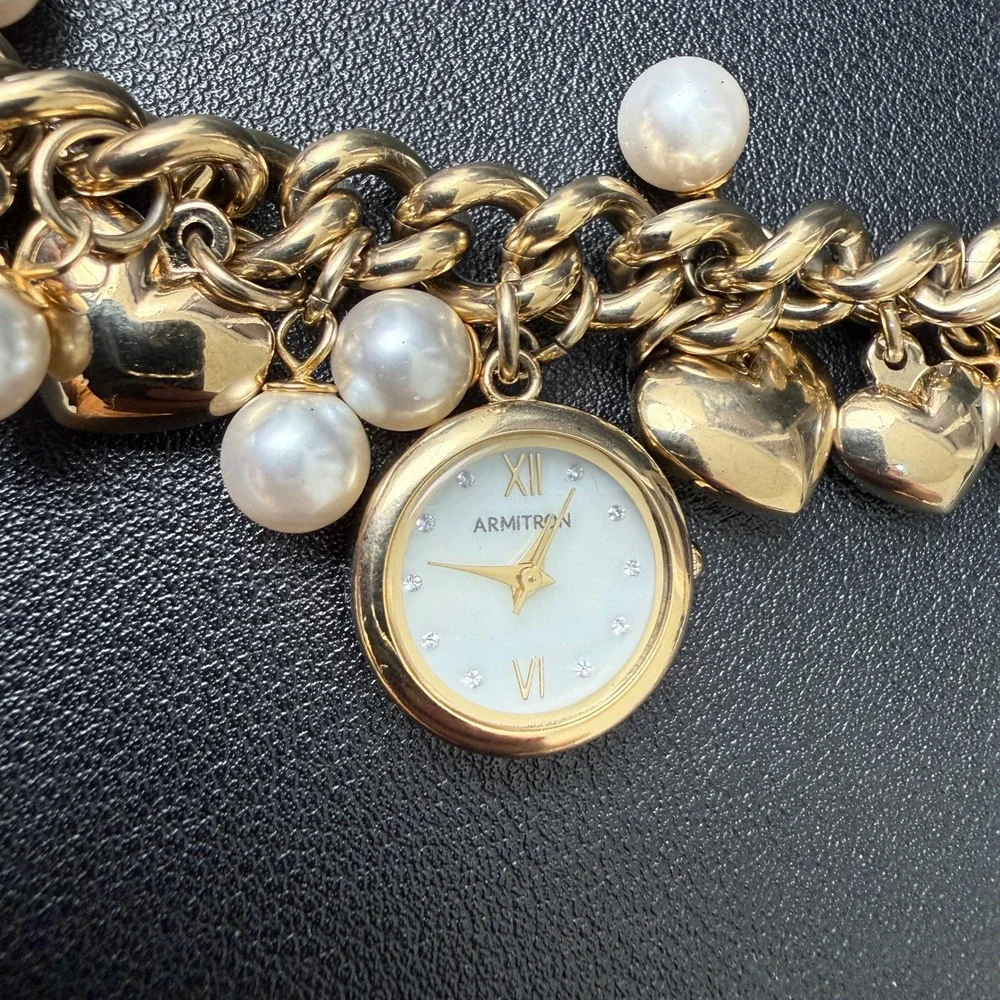 MSRP‎ $85 Armitron 75/5578GP Womens Gold Tone Charm Crystal Bracelet Watch New B